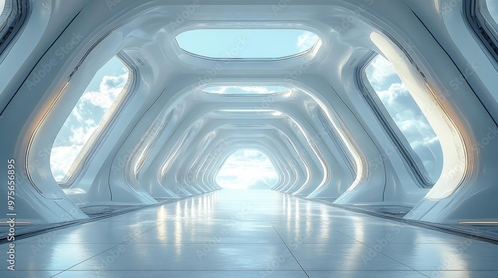 Futuristic Sci-Fi White Hallway with Sky View Generative AI Futuristic Sci-Fi White Hallway with Sky View Generative AI