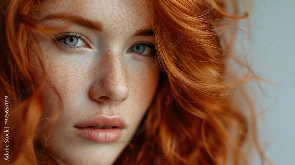 Closeup of a womans face with vibrant red hair and freckles Closeup of a womans face with vibrant red hair and freckles