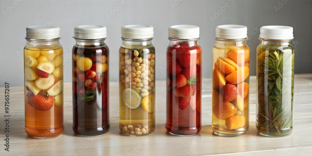 fruit tea marinated drinks PET clear plastic packaging tin cap lid natural light background bokeh effect fruit tea marinated drinks PET clear plastic packaging tin cap lid natural light background bokeh effect