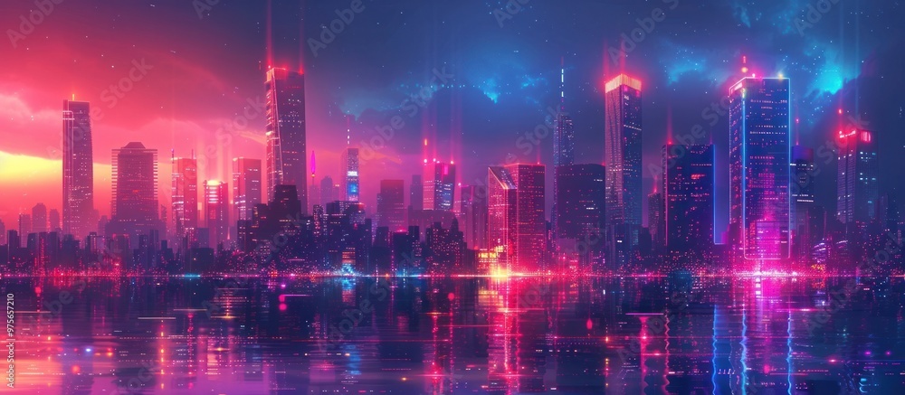 Breathtaking futuristic cityscape with towering skyscrapers and neon lit buildings reflecting on the tranquil waters of the urban waterfront creating a striking and visually captivating atmosphere Breathtaking futuristic cityscape with towering skyscrapers and neon lit buildings reflecting on the tranquil waters of the urban waterfront creating a striking and visually captivating atmosphere