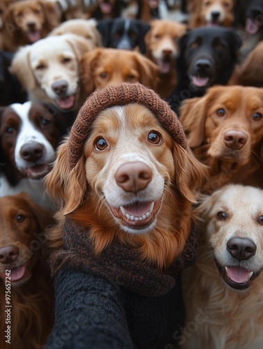 group of dogs happy gathered together taking a selfie