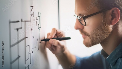 Person drawing a strategy plan on a whiteboard, symbolizing planning, tactics, and organization. photo