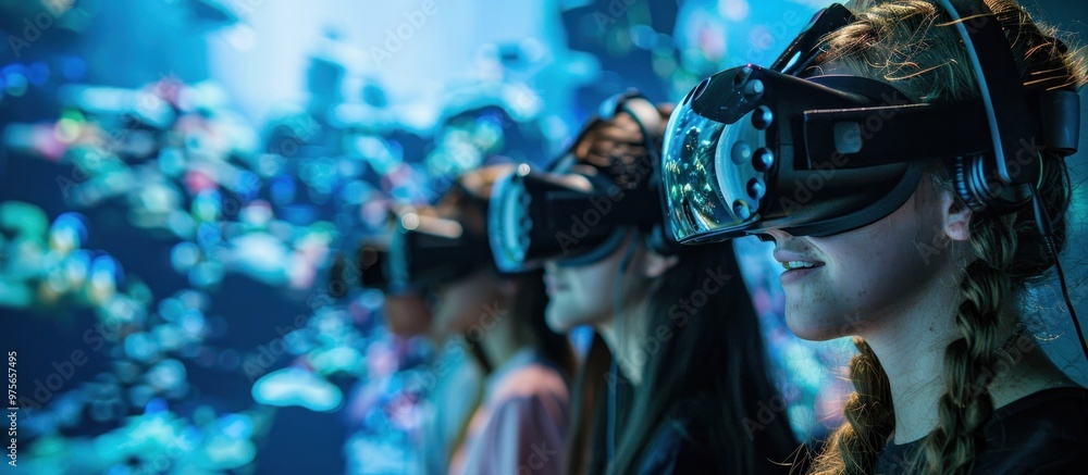 A group of people wearing virtual reality headsets and goggles fully immersed in a futuristic interactive digital environment with advanced technology and innovative multimedia applications A group of people wearing virtual reality headsets and goggles fully immersed in a futuristic interactive digital environment with advanced technology and innovative multimedia applications