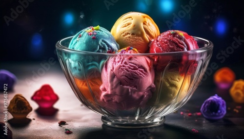 scoops of multi-colored ice cream in a glass plate on the table
