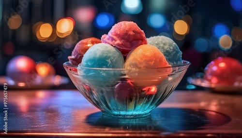 scoops of multi-colored ice cream in a glass plate on the table

