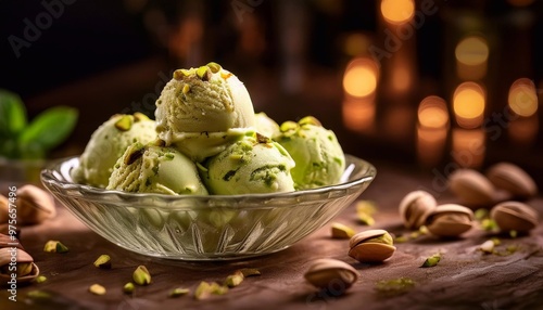 scoops of ice cream with pistachio flavor in a glass plate on the table
