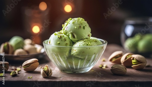 scoops of ice cream with pistachio flavor in a glass plate on the table
