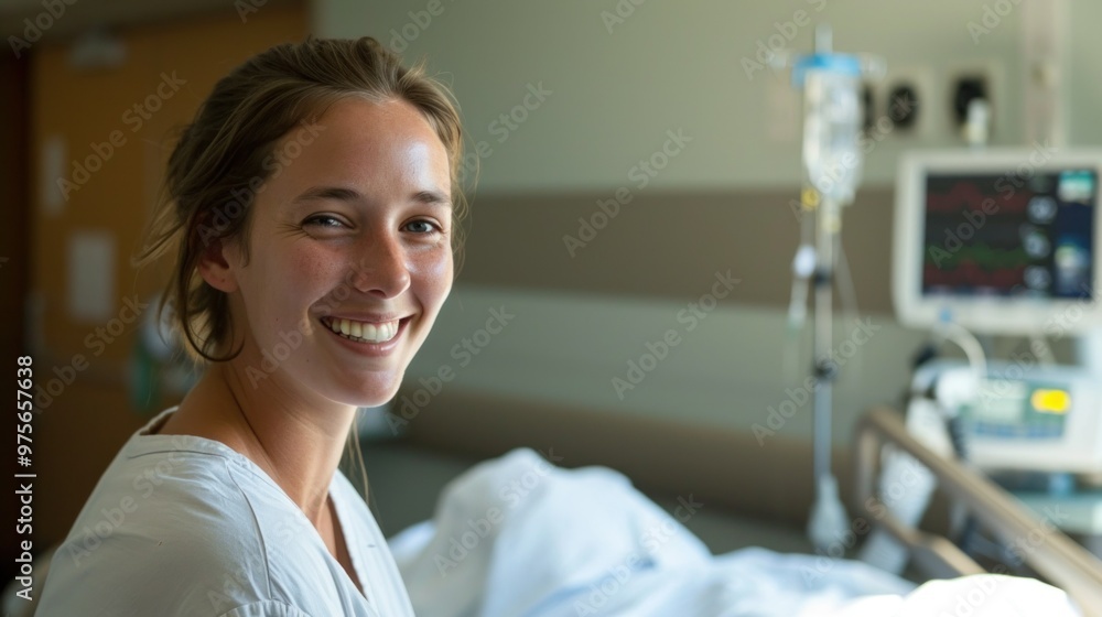 A woman is happily smiling while sitting comfortably in a hospital bed A woman is happily smiling while sitting comfortably in a hospital bed