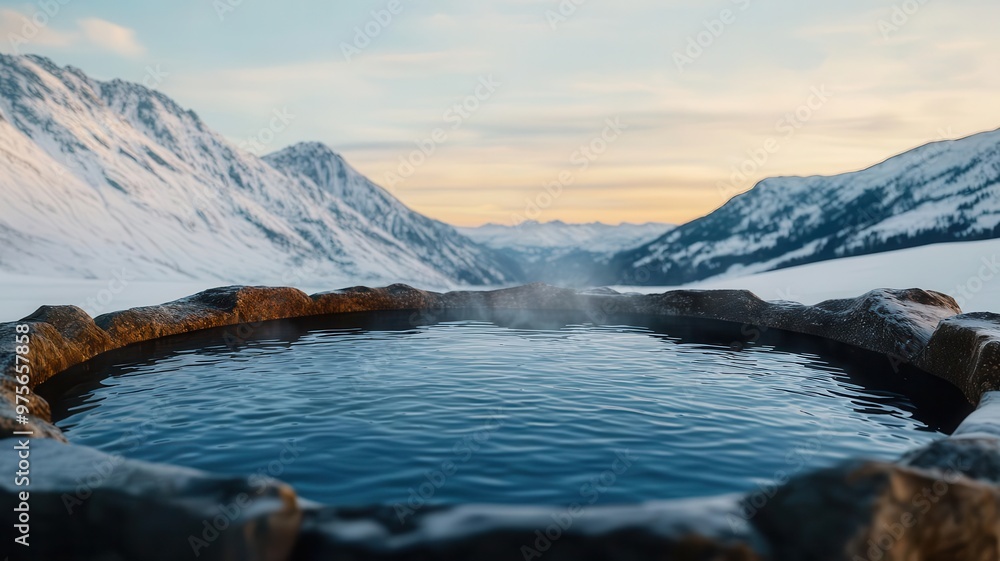 Scenic hot spring surrounded by snowcovered mountains, with steam rising and a tranquil atmosphere perfect for relaxation Scenic hot spring surrounded by snowcovered mountains, with steam rising and a tranquil atmosphere perfect for relaxation