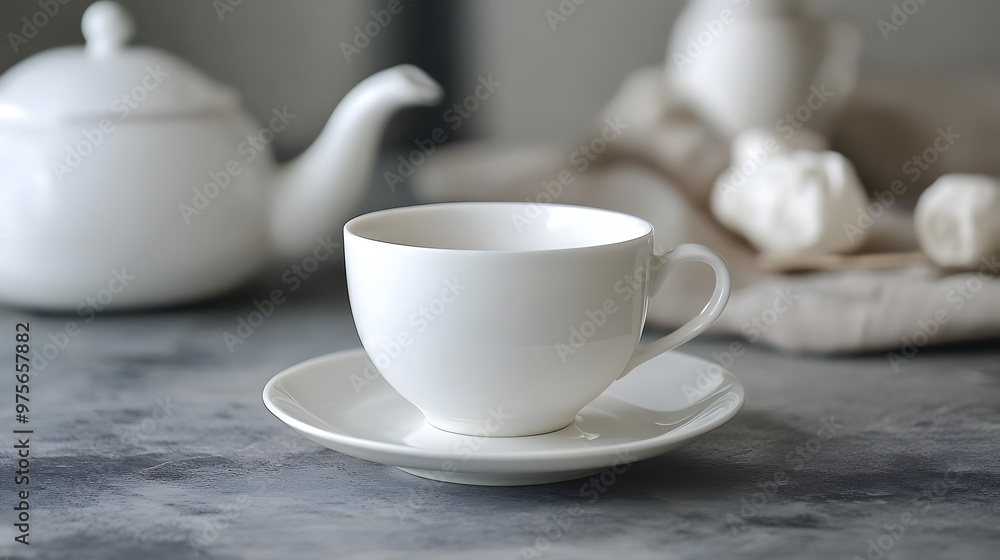 26. A classic white porcelain tea set with a teacup and saucer 26. A classic white porcelain tea set with a teacup and saucer