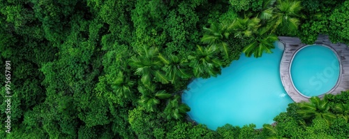 Aerial view of a terraced hot spring built into a mountainside, with multiple pools cascading down, surrounded by lush greenery