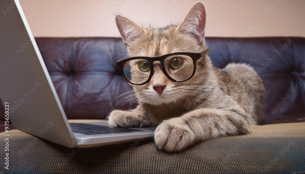 Cat Wearing Glasses Using Laptop Alone Cat Wearing Glasses Using Laptop Alone
