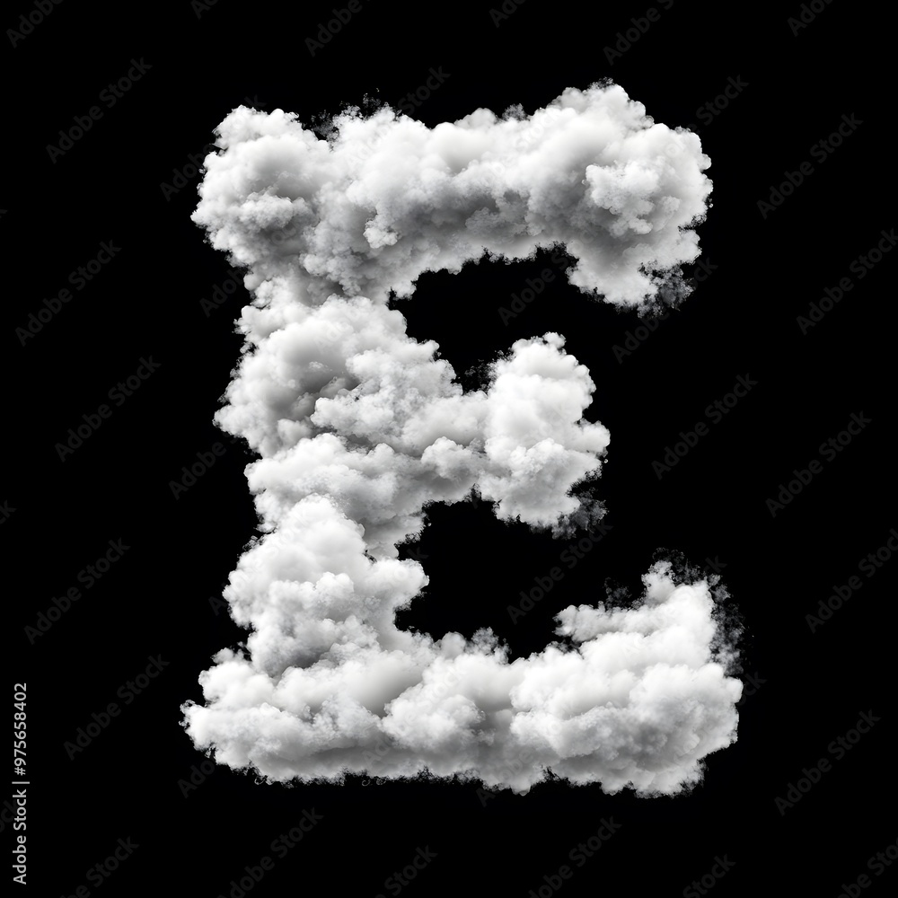 Cloud Letter E, Cloud or Smoke Alphabet E Isolated on Black Background, Heavenly Typography with Fluffy Clouds Cloud Letter E, Cloud or Smoke Alphabet E Isolated on Black Background, Heavenly Typography with Fluffy Clouds
