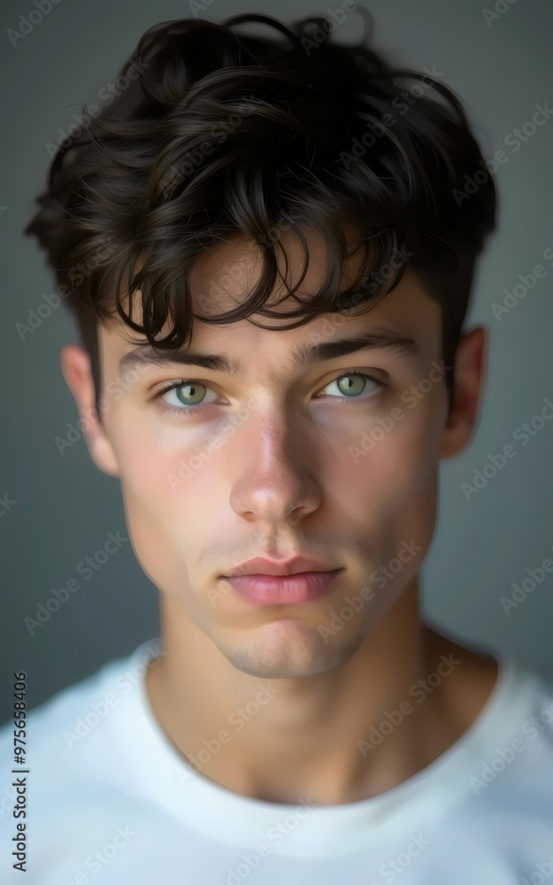 Pensive young man with dark hair wearing white shirt Pensive young man with dark hair wearing white shirt