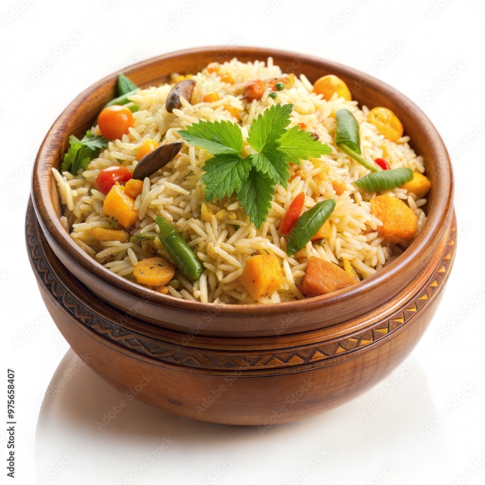 veg biryani bowl fried rice vegetables meat white background