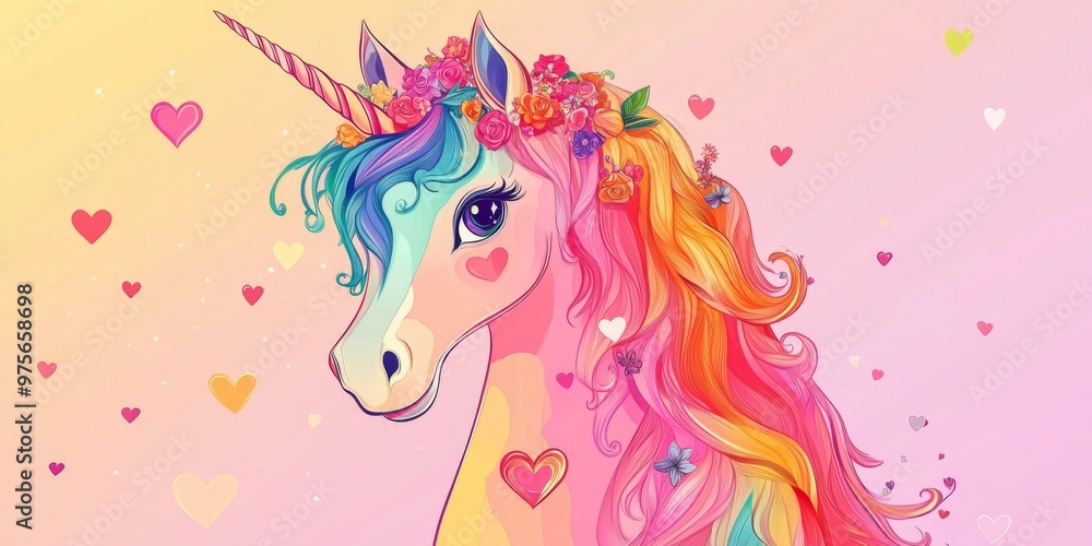 Template with a cute magical unicorn on a pink background with balloons. Children's birthday party invitation. Flat illustration Template with a cute magical unicorn on a pink background with balloons. Children's birthday party invitation. Flat illustration