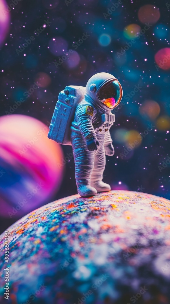 Naklejka premium Astronaut standing on colorful planet with stars in the background, cosmic exploration concept