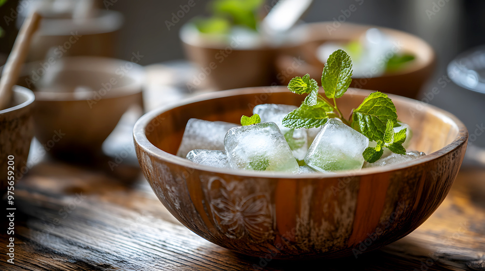 Rustic setting with ice cubes featuring mint leaves, placed in a wooden bowl with a natural Rustic setting with ice cubes featuring mint leaves, placed in a wooden bowl with a natural