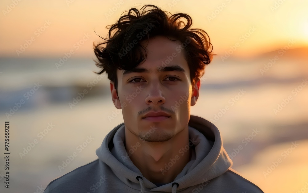Contemplative young man on the beach at sunset Contemplative young man on the beach at sunset