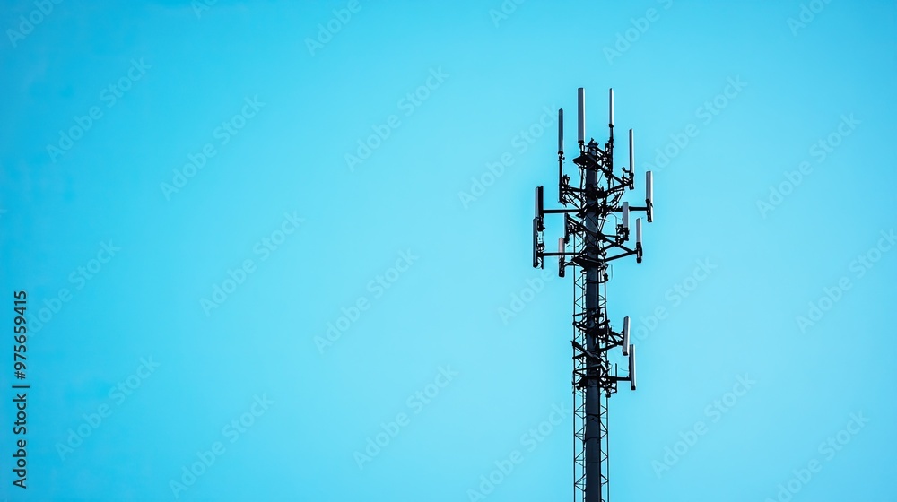 A cell phone tower with multiple antennas against a clear blue sky. A cell phone tower with multiple antennas against a clear blue sky.