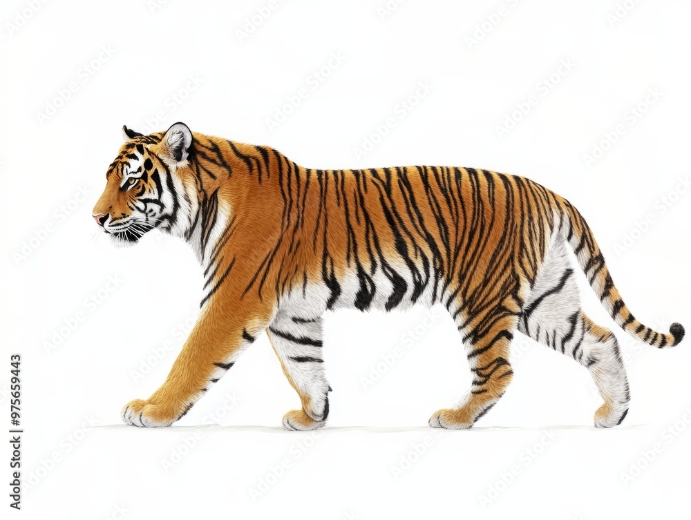 Fototapeta premium Side view of a tiger. Walking forward, white background. Digital painting