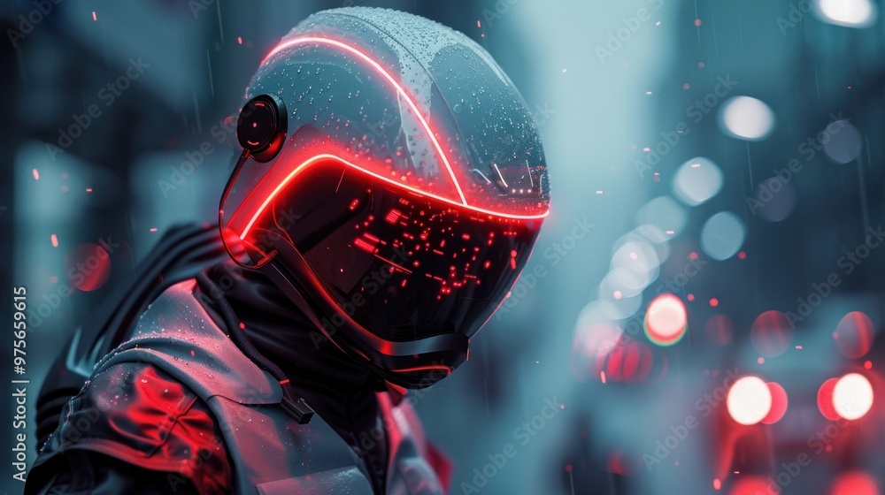 Futuristic cyberpunk style helmet with glowing neon shield protecting against a dramatic moody atmospheric scene of stormy weather and rain Conceptual digital 3D for science fiction technology Futuristic cyberpunk style helmet with glowing neon shield protecting against a dramatic moody atmospheric scene of stormy weather and rain Conceptual digital 3D for science fiction technology