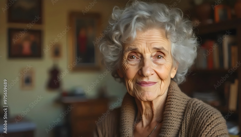 Nostalgic elderly woman sitting in cozy living room Nostalgic elderly woman sitting in cozy living room