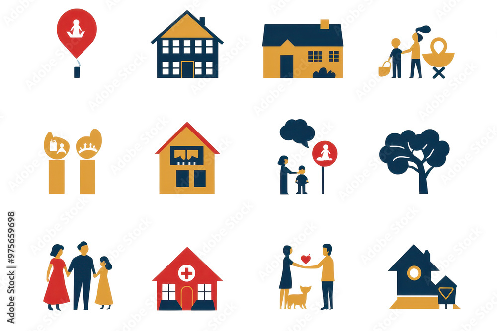 A colorful set of family and home-related icons including houses, trees, and people, representing various aspects of family life. A colorful set of family and home-related icons including houses, trees, and people, representing various aspects of family life.
