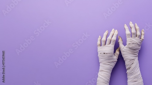 Mummified halloween hands wrapped in bandages against a purple background. Happy halloween banner with copy space photo