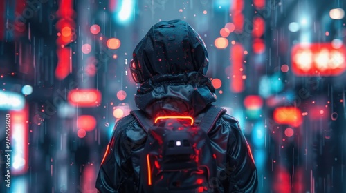 A lone figure on a motorcycle navigates the rain soaked neon drenched streets of a futuristic dystopian cityscape conveying a sense of isolation contemplation