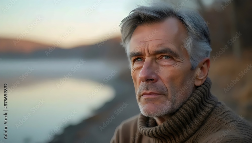 Introspective middle-aged man by a calm lakeside at sunset Introspective middle-aged man by a calm lakeside at sunset
