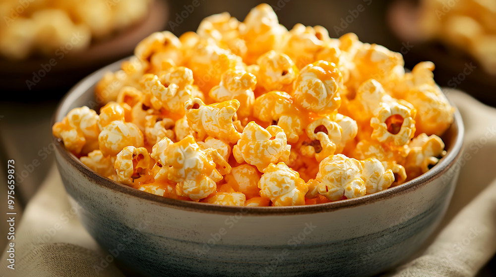 savory bowl of cheddar popcorn, with orange cheese coating each fluffy kernel for a bold savory bowl of cheddar popcorn, with orange cheese coating each fluffy kernel for a bold