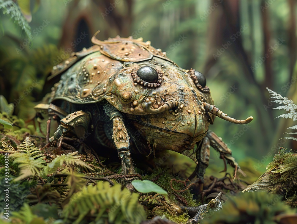 A Detailed Close-Up of a Fantasy Beetle in a Lush Forest A Detailed Close-Up of a Fantasy Beetle in a Lush Forest