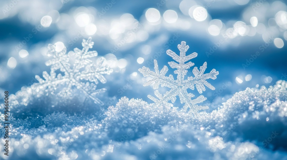 Close-up of delicate snowflakes on frosty snow, macro winter wonderland scene. Nature and seasonal beauty concept Close-up of delicate snowflakes on frosty snow, macro winter wonderland scene. Nature and seasonal beauty concept