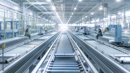 Advanced electric vehicle battery production line with robotic arms assembling lithium-ion cells. Futuristic factory interior featuring conveyor belts, technicians in clean room suits, high-tech machi