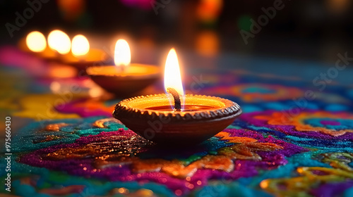 Oil lamps lit on colorful rangoli during diwali celebration