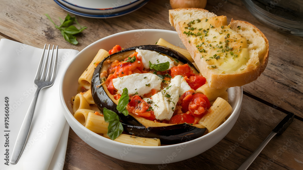 A bowl of rigatoni alla norma with eggplant, tomatoes, and ricotta salata, served with a slice of garlic bread on the side. A bowl of rigatoni alla norma with eggplant, tomatoes, and ricotta salata, served with a slice of garlic bread on the side.