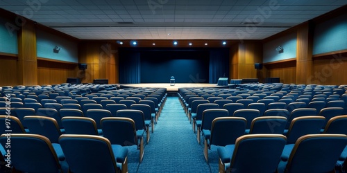 A wide, empty auditorium in a conference hall featuring a stage and a blank canvas, ready for events and presentations photo