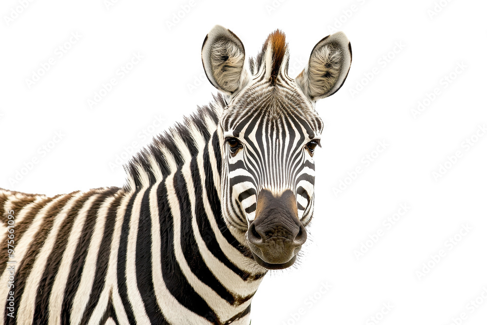 Fototapeta premium Close-up of a zebra with black and white stripes, isolated on a transparent background. showcasing its unique pattern and details.