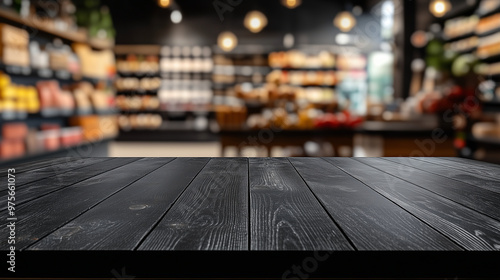 Black, empty tabletop with a blurred store background for product display montage. There are no people in the photo.