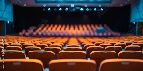 Movie theater blank screen mock up modern cinema with people on red seats template photo