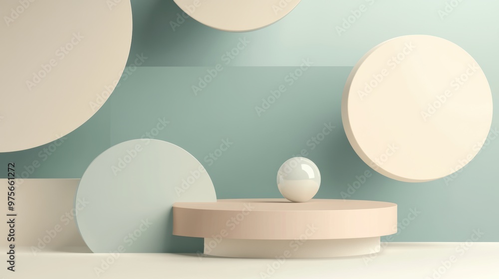 Minimalist geometric podium with abstract round shapes on a pastel background Minimalist geometric podium with abstract round shapes on a pastel background