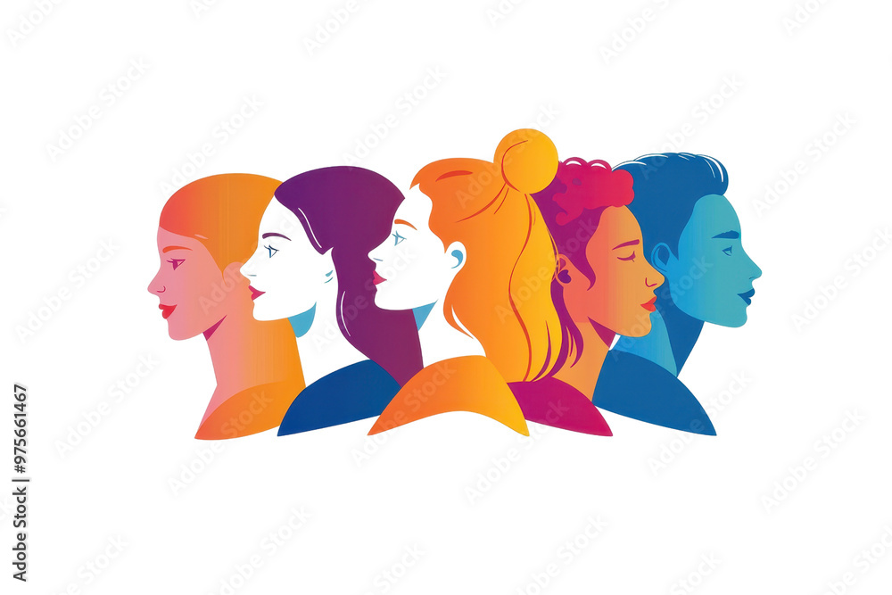 Colorful abstract illustration of diverse profiles of men and women, representing unity and diversity in vivid hues. Colorful abstract illustration of diverse profiles of men and women, representing unity and diversity in vivid hues.
