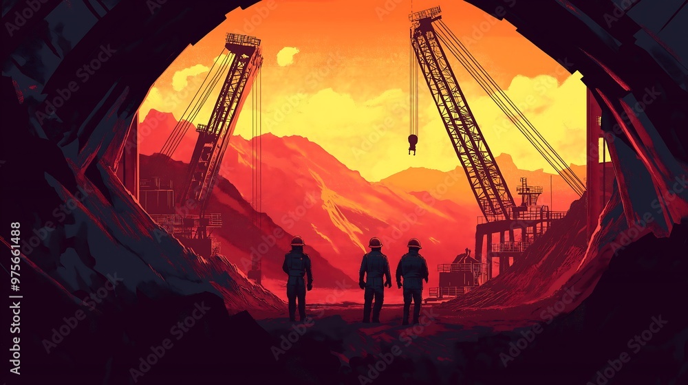 Naklejka premium workers against a mine background linart style illustration