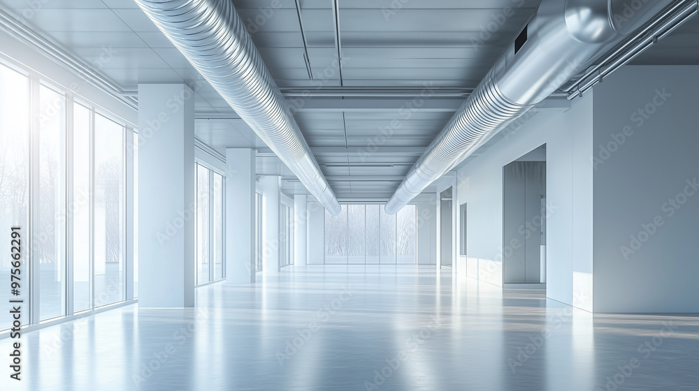 HVAC system concept, minimalistic room with sleek air ducts integrated into the ceiling, soft natural light, smooth metallic surfaces, copy space on the left HVAC system concept, minimalistic room with sleek air ducts integrated into the ceiling, soft natural light, smooth metallic surfaces, copy space on the left