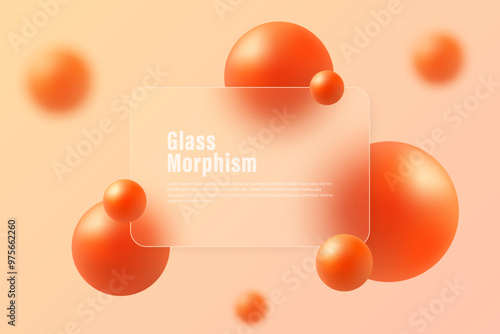 Glass morphism landing page with frame. Vector illustration with blurred floating spheres in orange.