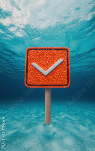 Orange checkmark sign submerged underwater, symbolizing approval, acceptance, or verification beneath the tranquil blue ocean waves. photo