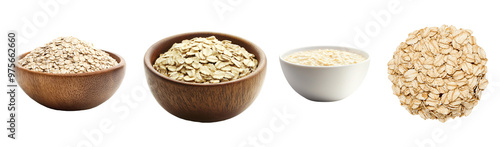 Vibrant display of oats in various bowls, showcasing their natural color and texture.