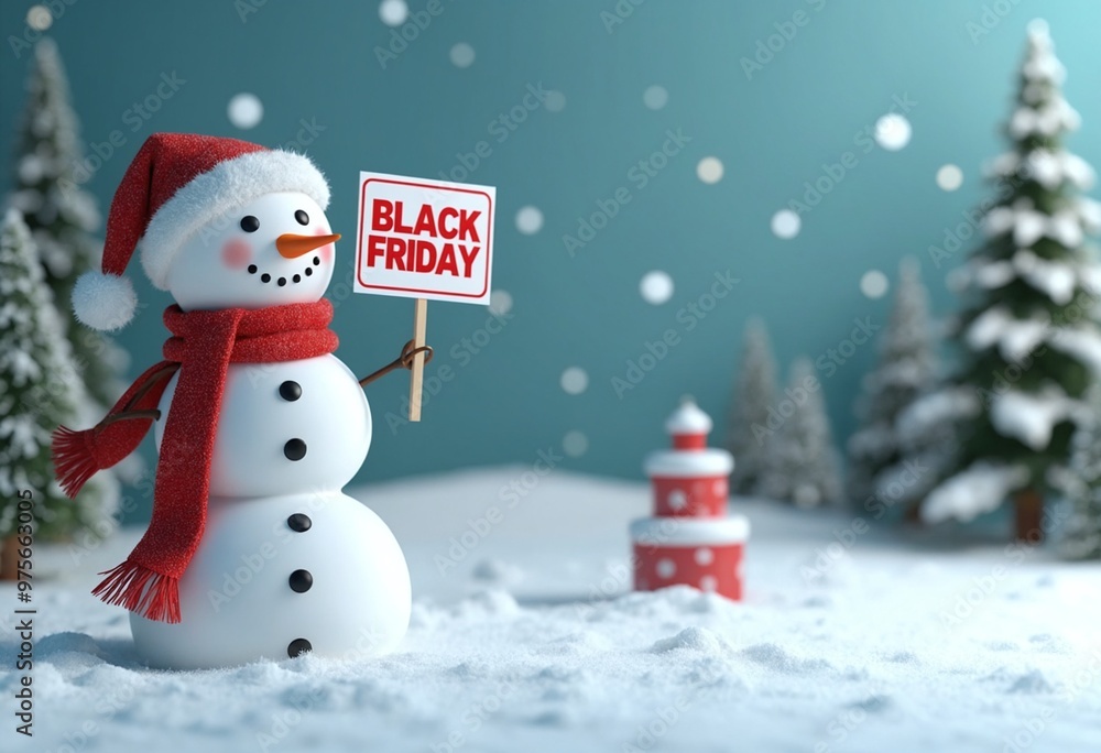 Snowman holding Black Friday sale signs, Christmas backdrop, 3D illustration, copy space on a side Snowman holding Black Friday sale signs, Christmas backdrop, 3D illustration, copy space on a side
