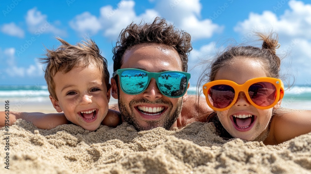 A man and two children laying on the beach with sunglasses, AI A man and two children laying on the beach with sunglasses, AI